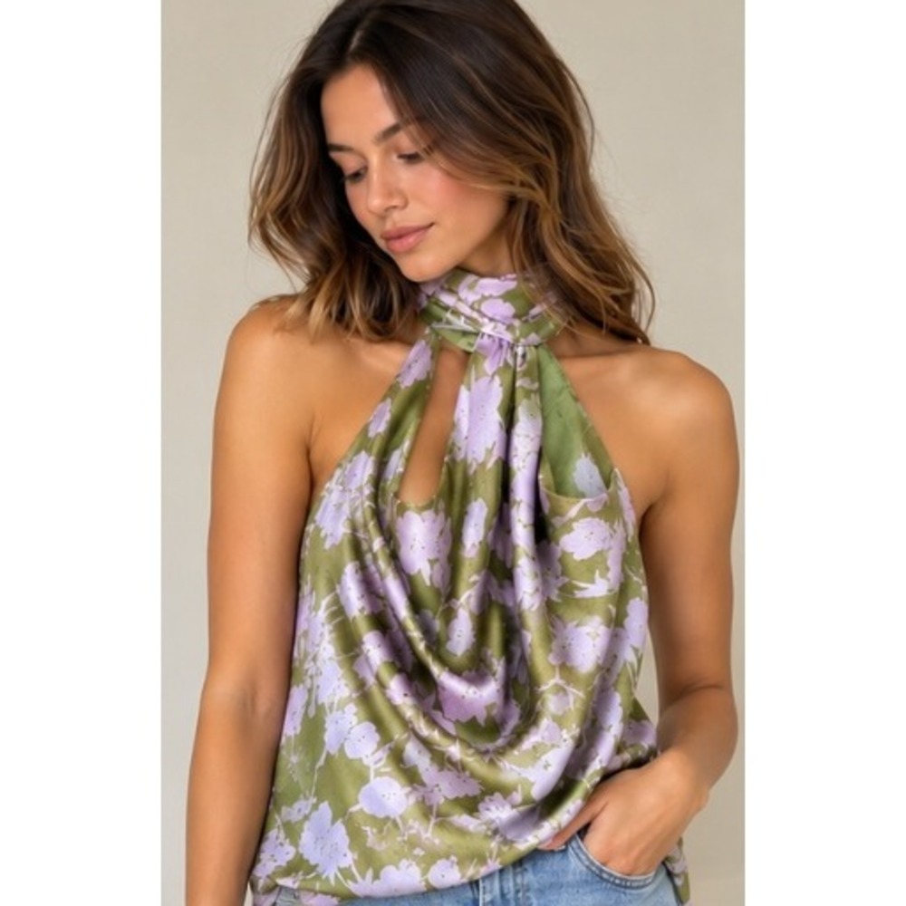 Heartloom Womens Floral Halter Top Green Purple High Neck Tie Back Blouse Small
